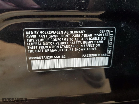 2013 Volkswagen CC Sport with VIN WVWBN7AN2DE559183, listed as a Copart auction lot 42822175 with 120,772 mi miles and Salvage Title. Bid and sale history available at carsss.com. Image 14.