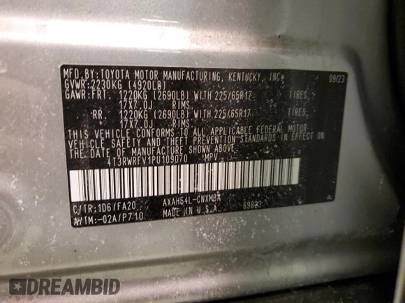 2023 Toyota RAV4 Hybrid XLE with VIN 4T3RWRFV1PU109070, listed as a Copart auction lot 45981115 with 36,375 mi miles and Salvage Title. Bid and sale history available at carsss.com. Image 12.