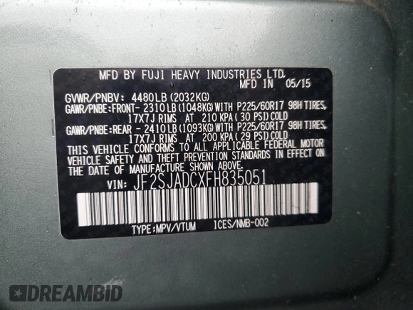 2015 Subaru Forester 2.5i Premium with VIN JF2SJADCXFH835051, listed as a Copart auction lot 43285395 with 137,774 mi miles and Salvage Title. Bid and sale history available at carsss.com. Image 16.