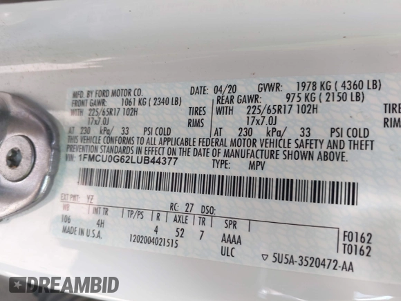 2020 Ford Escape SE с VIN 1FMCU0G62LUB44377, выставлен на аукционе IAAI как лот 42362034 с пробегом 155 491 миль миль и . История ставок и продаж доступна на DreamBid. Изображение 9.