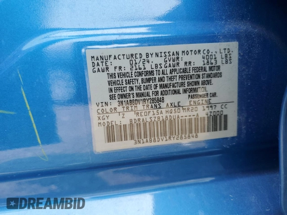 2024 Nissan Sentra SR with VIN 3N1AB8DV1RY285848, listed as a Copart auction lot 59190915 with 10,006 mi miles and Salvage title. Bid and sale history available at DreamBid. Image 12.