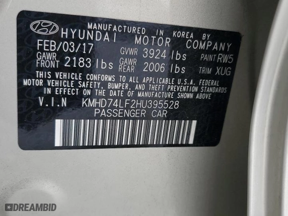 2017 Hyundai Elantra SE with VIN KMHD74LF2HU395528, listed as a Copart auction lot 52315635 with 66,228 mi miles and Non Repairable. Bid and sale history available at carsss.com. Image 12.