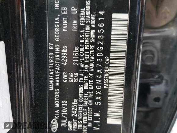 2013 Kia Optima EX with VIN 5XXGN4A73DG235614, listed as a Copart auction lot 50765115 with 175,775 mi miles and Clean Title. Bid and sale history available at carsss.com. Image 12.