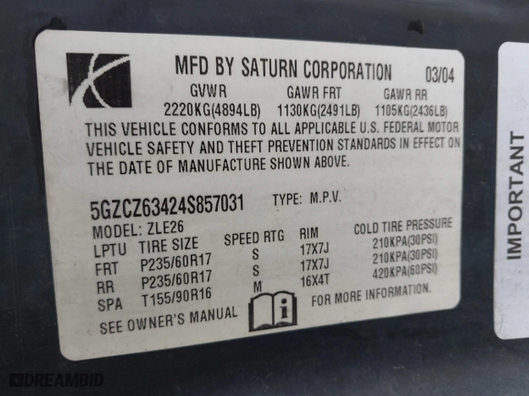 2004 Saturn VUE V6 with VIN 5GZCZ63424S857031, listed as a IAAI auction lot 41756123 with 126,475 mi miles. Bid and sale history available at carsss.com. Image 9.