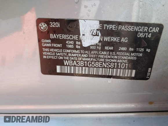 2014 BMW 3 Series 320i with VIN WBA3B1G58ENS81101, listed as a IAAI auction lot 38950717 with 1 mi miles. Bid and sale history available at carsss.com. Image 9.