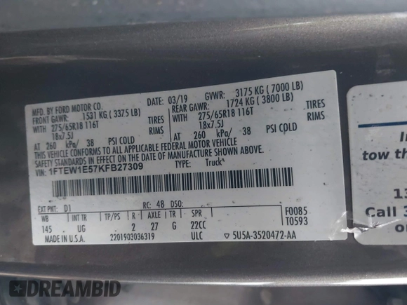 2019 Ford F-150 XL with VIN 1FTEW1E57KFB27309, listed as a IAAI auction lot 41847423 with Not provided miles and . Bid and sale history available at DreamBid. Image 9.