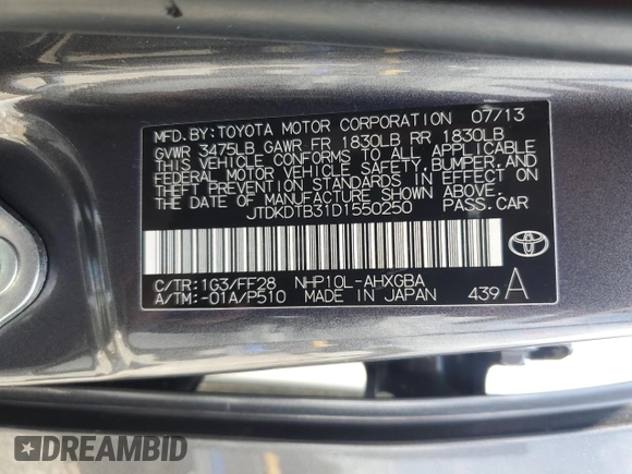 2013 Toyota Prius One with VIN JTDKDTB31D1550250, listed as a Copart auction lot 54205765 with 178,802 mi miles and Non Repairable. Bid and sale history available at DreamBid. Image 13.