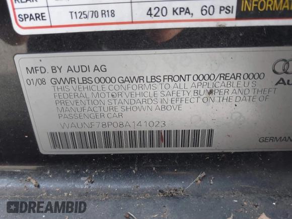 2008 Audi A3 with VIN WAUNF78P08A141023, listed as a IAAI auction lot 41633380 with 134,831 mi miles. Bid and sale history available at carsss.com. Image 9.