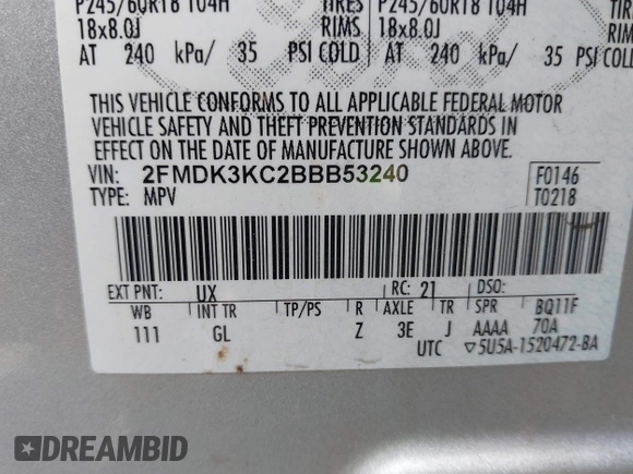 2011 Ford Edge Limited with VIN 2FMDK3KC2BBB53240, listed as a IAAI auction lot 42580390 with 192,391 mi miles and . Bid and sale history available at DreamBid. Image 9.