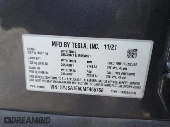 2021 Tesla Model S Plaid with VIN 5YJSA1E60MF455768, listed as a IAAI auction lot 41603504 with 27,398 mi miles. Bid and sale history available at carsss.com. Image 9.