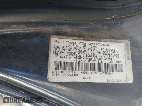 1994 Toyota Camry LE with VIN 4T1SK12EXRU374215, listed as a IAAI auction lot 41581093 with 80,397 mi miles. Bid and sale history available at carsss.com. Image 9.