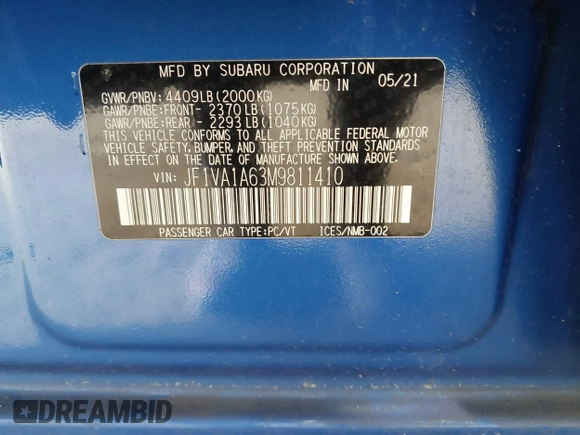 2021 Subaru WRX z VIN JF1VA1A63M9811410, wystawiony jako IAAI lot #41936558 z przebiegiem 50 353 mil mil oraz . Historia ofert i sprzedaży dostępna na DreamBid. Obrazek 9.