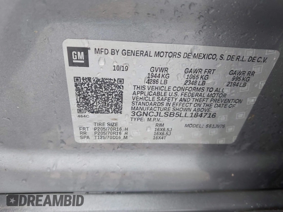 2020 Chevrolet Trax LT with VIN 3GNCJLSB5LL184716, listed as a IAAI auction lot 42420100 with 82,846 mi miles and . Bid and sale history available at DreamBid. Image 9.