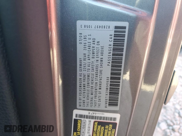 2009 Volkswagen Rabbit S with VIN WVWBB71K29W049688, listed as a Copart auction lot 41865325 with 51,155 mi miles and Salvage title. Bid and sale history available at DreamBid. Image 14.