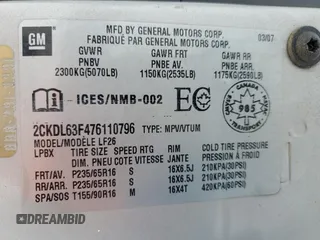 2007 Pontiac Torrent z VIN 2CKDL63F476110796, wystawiony jako Copart lot #85953844 z przebiegiem 290 635 mil mil oraz Czysty tytuł • Clean title. Historia ofert i sprzedaży dostępna na DreamBid. Obrazek 13.