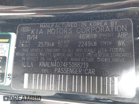 2015 Kia Cadenza Premium with VIN KNALN4D74F5188219, listed as a IAAI auction lot 41530800 with 144,330 mi miles. Bid and sale history available at carsss.com. Image 9.