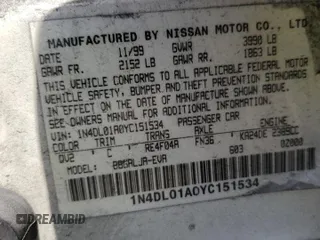 2000 Nissan Altima GXE with VIN 1N4DL01A0YC151534, listed as a Copart auction lot 87019454 with 233,012 mi miles and Clean Title. Bid and sale history available at carsss.com. Image 12.