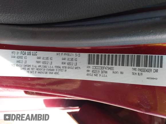 2015 Chrysler 200 C with VIN 1C3CCCCB3FN734831, listed as a IAAI auction lot 41900507 with 146,401 mi miles. Bid and sale history available at carsss.com. Image 9.
