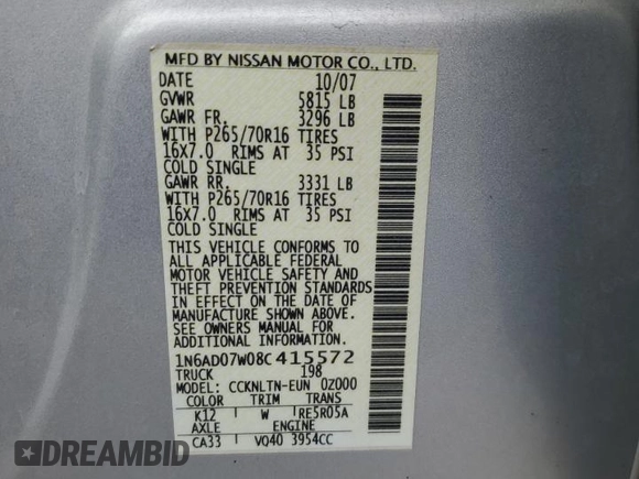 2008 Nissan Frontier SE with VIN 1N6AD07W08C415572, listed as a Copart auction lot 48014375 with 161,680 mi miles and Salvage title. Bid and sale history available at DreamBid. Image 15.