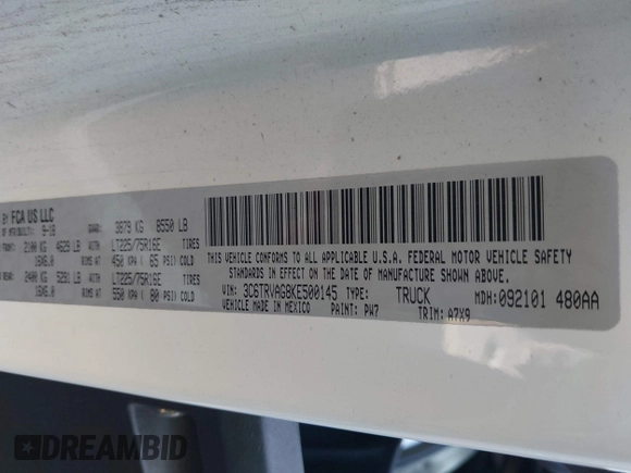 2019 Ram ProMaster Cargo with VIN 3C6TRVAG8KE500145, listed as a IAAI auction lot 42046332 with 216,872 mi miles and . Bid and sale history available at DreamBid. Image 8.
