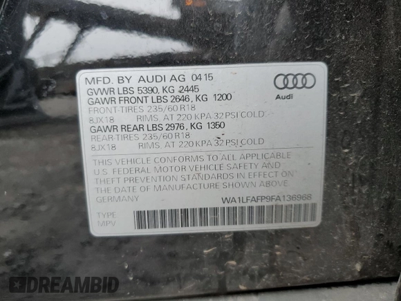2015 Audi Q5 Premium Plus with VIN WA1LFAFP9FA136968, listed as a Copart auction lot 49289125 with 97,162 mi miles and Salvage Title. Bid and sale history available at carsss.com. Image 13.