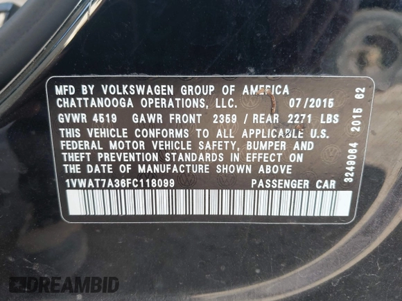 2015 Volkswagen Passat 1.8T Limited Edition with VIN 1VWAT7A36FC118099, listed as a IAAI auction lot 41919223 with 103,916 mi miles. Bid and sale history available at carsss.com. Image 9.