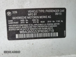 2015 BMW 3 Series 328i with VIN WBA3A5G53FNS90719, listed as a Copart auction lot 54840065 with 246,493 mi miles and Salvage Title. Bid and sale history available at DreamBid. Image 12.