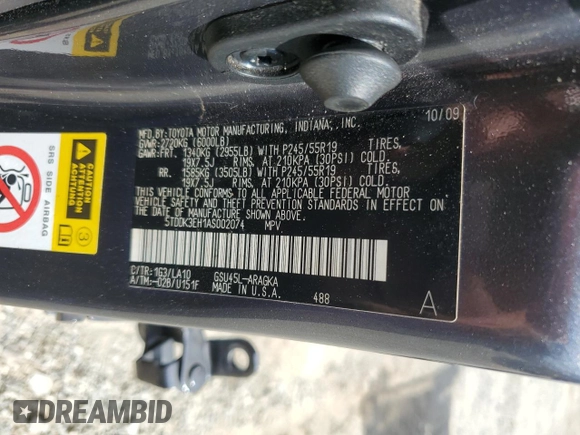 2010 Toyota Highlander Limited with VIN 5TDDK3EH1AS002074, listed as a Copart auction lot 61132555 with 69,600 mi miles and Salvage title. Bid and sale history available at DreamBid. Image 13.