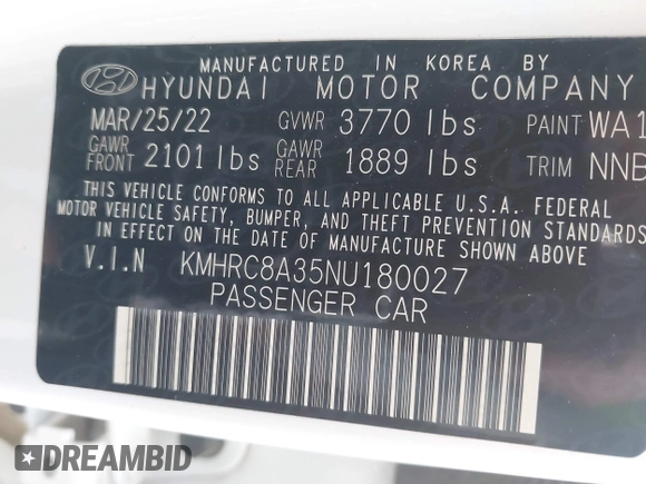 2022 Hyundai Venue SEL with VIN KMHRC8A35NU180027, listed as a IAAI auction lot 41921088 with 69,220 mi miles and . Bid and sale history available at DreamBid. Image 9.