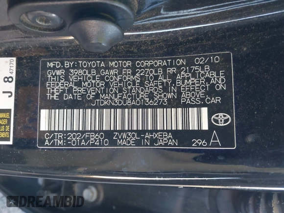 2010 Toyota Prius II with VIN JTDKN3DU8A0136273, listed as a IAAI auction lot 41266255 with 209,558 mi miles. Bid and sale history available at carsss.com. Image 9.