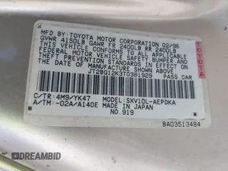 1996 Toyota Camry DX z VIN JT2BG12K3T0381929, wystawiony jako IAAI lot #42336120 z przebiegiem 198 942 mil mil oraz . Historia ofert i sprzedaży dostępna na DreamBid. Obrazek 9.