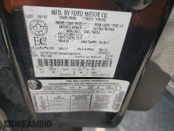 2010 Ford F-150 XL with VIN 1FTFW1EV9AFD28079, listed as a Copart auction lot 62614575 with 213,159 mi miles and Clean title. Bid and sale history available at DreamBid. Image 12.