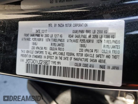 2018 Mazda CX-9 Touring с VIN JM3TCACYXJ0218807, выставлен на аукционе Copart как лот 37327273 с пробегом 85 471 миль миль и Списание • Salvage title. История ставок и продаж доступна на DreamBid. Изображение 14.