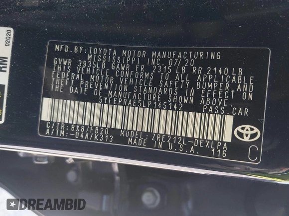 2020 Toyota Corolla LE with VIN 5YFEPRAE5LP145142, listed as a IAAI auction lot 42153289 with 35,010 mi miles and . Bid and sale history available at DreamBid. Image 9.