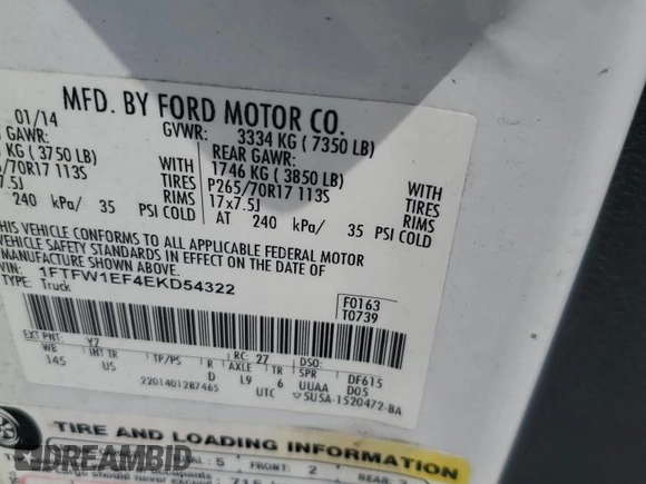 2014 Ford F-150 XL с VIN 1FTFW1EF4EKD54322, выставлен на аукционе Copart как лот 59805625 с пробегом Не указан миль и Списание • Salvage title. История ставок и продаж доступна на DreamBid. Изображение 12.