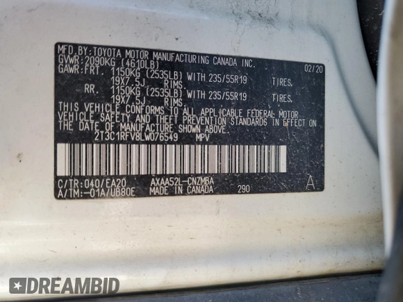 2020 Toyota RAV4 XLE Premium with VIN 2T3C1RFV8LW076549, listed as a Copart auction lot 49922535 with 136,074 mi miles and Salvage Title. Bid and sale history available at carsss.com. Image 13.