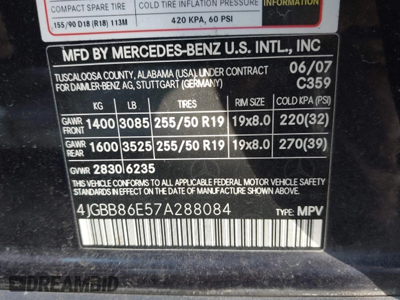2007 Mercedes-Benz M 350 with VIN 4JGBB86E57A288084, listed as a IAAI auction lot 41499003 with 278,491 mi miles and . Bid and sale history available at DreamBid. Image 9.