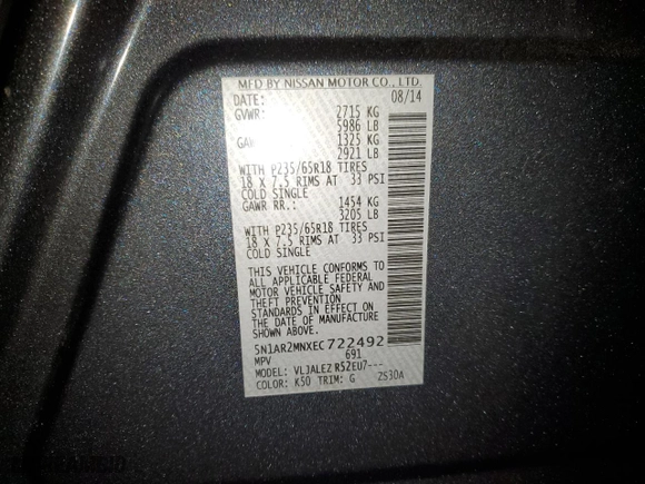 2014 Nissan Pathfinder Platinum with VIN 5N1AR2MNXEC722492, listed as a Copart auction lot 49408165 with 115,747 mi miles and Salvage Title. Bid and sale history available at carsss.com. Image 13.