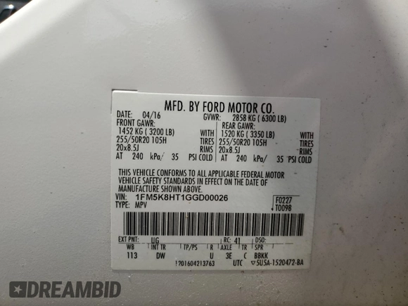 2016 Ford Explorer Platinum z VIN 1FM5K8HT1GGD00026, wystawiony jako Copart lot #56985155 z przebiegiem 87 506 mil mil oraz Szkoda całkowita • Salvage title. Historia ofert i sprzedaży dostępna na DreamBid. Obrazek 14.