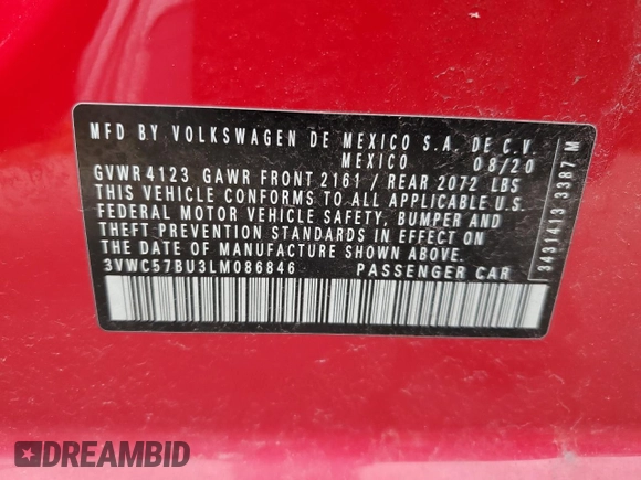 2020 Volkswagen Jetta S with VIN 3VWC57BU3LM086846, listed as a Copart auction lot 53946135 with 51,224 mi miles and Salvage title. Bid and sale history available at DreamBid. Image 12.