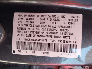 2009 Honda Accord Sdn EX-L with VIN 1HGCP26849A128879, listed as a IAAI auction lot 41950168 with 95,045 mi miles. Bid and sale history available at carsss.com. Image 9.
