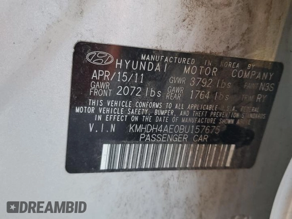 2011 Hyundai Elantra Limited z VIN KMHDH4AE0BU157675, wystawiony jako Copart lot #55304435 z przebiegiem Nie podano mil oraz Szkoda całkowita • Salvage title. Historia ofert i sprzedaży dostępna na DreamBid. Obrazek 12.
