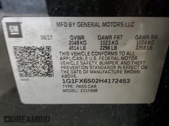 2017 Chevrolet Bolt EV Premier with VIN 1G1FX6S02H4172453, listed as a Copart auction lot 56331215 with 87,163 mi miles and Salvage title. Bid and sale history available at DreamBid. Image 12.