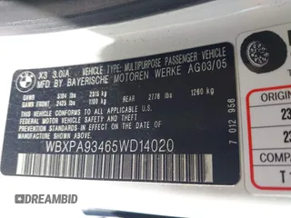 2005 BMW X3 3.0i with VIN WBXPA93465WD14020, listed as a IAAI auction lot 42002808 with 151,372 mi miles. Bid and sale history available at carsss.com. Image 9.