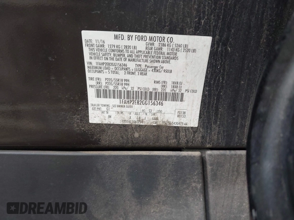 2016 Ford Taurus SEL z VIN 1FAHP2E82GG156346, wystawiony jako IAAI lot #42468616 z przebiegiem 159 425 mil mil oraz . Historia ofert i sprzedaży dostępna na DreamBid. Obrazek 9.