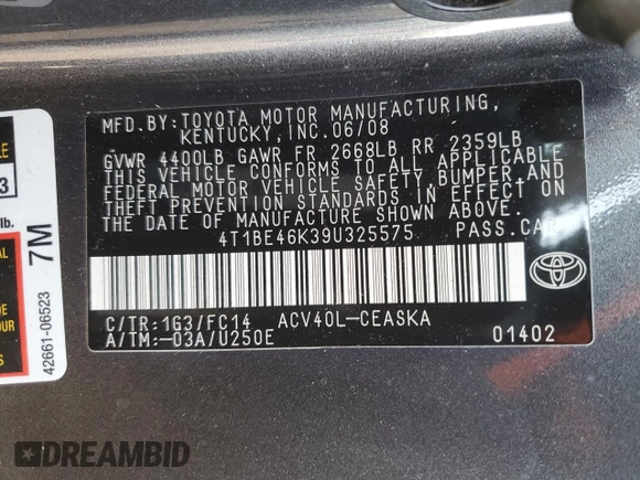 2009 Toyota Camry with VIN 4T1BE46K39U325575, listed as a Copart auction lot 44588595 with 178,218 mi miles and Salvage Title. Bid and sale history available at carsss.com. Image 12.