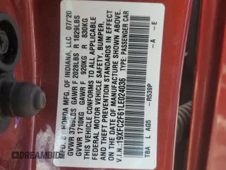 2020 Honda Civic LX z VIN 19XFC2F61LE024036, wystawiony jako Copart lot #56090685 z przebiegiem 71 290 mil mil oraz Szkoda całkowita • Salvage title. Historia ofert i sprzedaży dostępna na DreamBid. Obrazek 12.