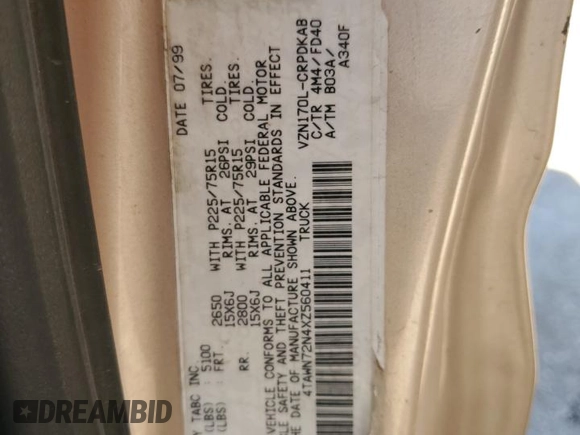 1999 Toyota Tacoma with VIN 4TAWN72N4XZ560411, listed as a Copart auction lot 61499925 with 395,215 mi miles and Salvage title. Bid and sale history available at DreamBid. Image 12.