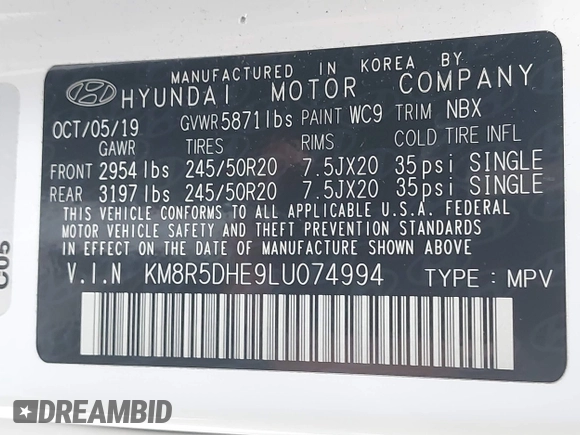 2020 Hyundai Palisade Limited with VIN KM8R5DHE9LU074994, listed as a IAAI auction lot 42596378 with 71,726 mi miles and . Bid and sale history available at DreamBid. Image 9.