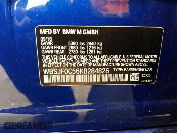 2019 BMW M5 Competition with VIN WBSJF0C56KB284826, listed as a Copart auction lot 70882182 with 35,727 mi miles. Bid and sale history available at carsss.com. Image 13.